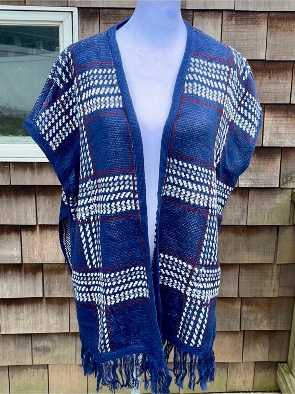Arizona Jean Company Vintage Hobo Poncho. Plaid Sweater Vest w/Fringe Hemline.